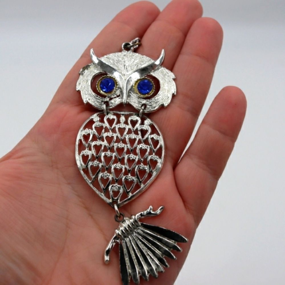 Reticulated Owl Silver Tone Pendant Statement Necklace Blue Jewel Eyes